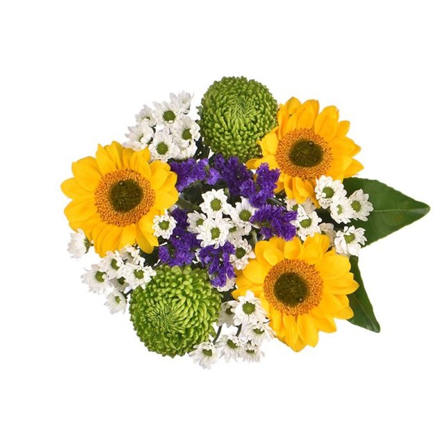 Bright sunflower bouquet with white daisies, green mums, and purple statice arranged in a cheerful mixed flower bundle.